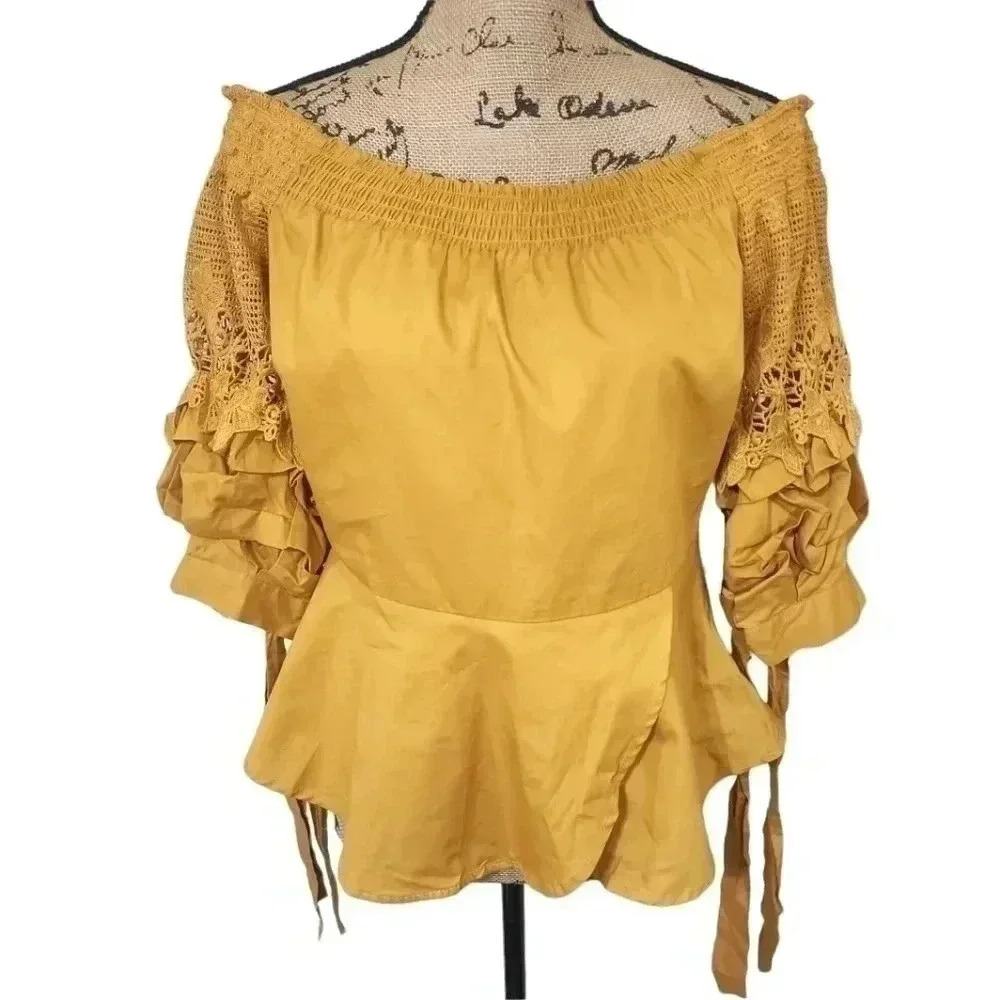 Bubble Sleeve W/bow Tie Off The Shoulder W/crochet Lace Cotton Woven Top… - Picture 3 of 9